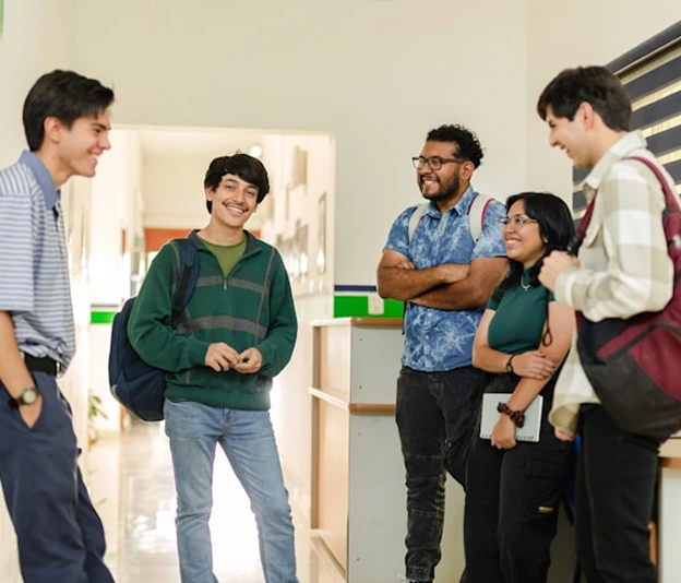 University students walking and chatting.